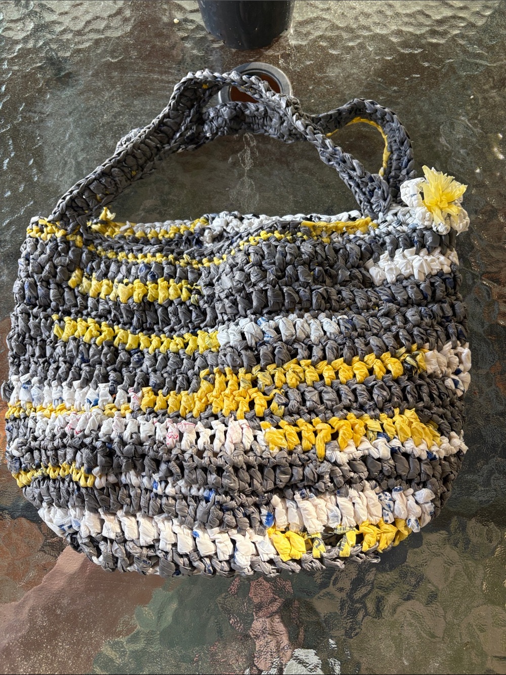 Handmade Plastic Bag Crochet Stripe Tote Bag in Gray, Yellow & White